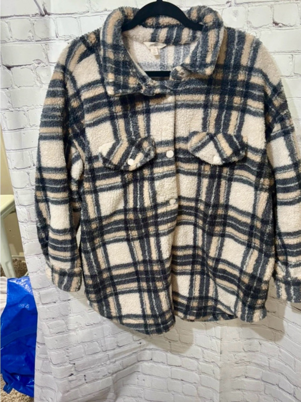 Time and Tru Cream & Navy Plaid Teddy Jacket